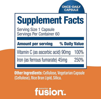 Bariatric Fusion Iron Supplement 45mg with Vitamin C | 1 Per Day | Vitamins for Women and Men | Gluten, Dairy and Soy Free | Non-GMO | 60 Count