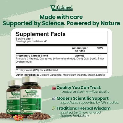 Rhubarb - Herbal Constipation Relief, Occasional Colon Cleanse| Herbal Stool Softener, Lower Bowel Stimulator, Gentel Alternative to laxatives for Adult| Regularity| 90 Capsules