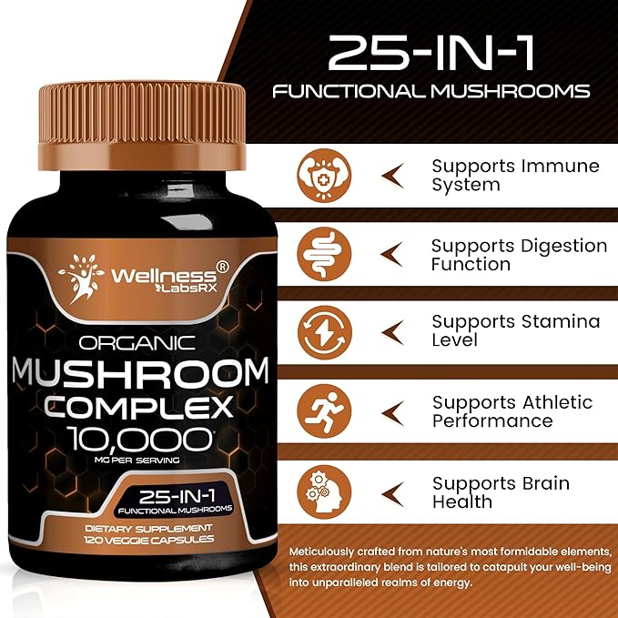 Mushroom Supplement Capsules 10:1 Extract, Mushroom Complex Capsules 1000mg, Lions Mane Supplement with Turkey Tail, Cordyceps, Reishi - 120 Count