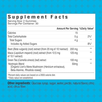 Pre Workout Gummies, Supports Energy Levels, Boosts Performance, Beta Alanine, Green Tea Extract, Nootropic Blend for Focus, Natural Beet Root, Blue Raspberry, 60 Gummies, 30 Servings