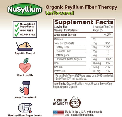 Psyllium Husk Powder USDA Organic, 21 Oz, Dietary Fiber Supplement with Brown Sugar, Helps Promote Digestive Health* Unflavored, 85 Servings