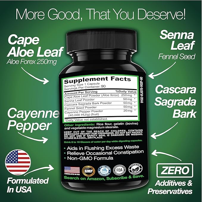 Cape Aloe Vera Capsules - Colon Cleanse, Detox & Flush - 90 Capsules. Gentle Constipation Relief and Bowel Movement Acting as Natural Herbal Laxative - Supports Bowel Movements for Digestive Health
