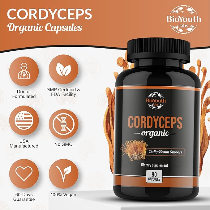 Cordyceps Organic Dietary Supplement - Natural Energy Boost and Respiratory Health Support with Cordyceps Militaris, Clinically Backed, Non-GMO & Allergen-Free | 90 Capsules