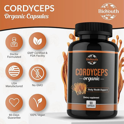 Cordyceps Organic Dietary Supplement - Natural Energy Boost and Respiratory Health Support with Cordyceps Militaris, Clinically Backed, Non-GMO & Allergen-Free | 90 Capsules