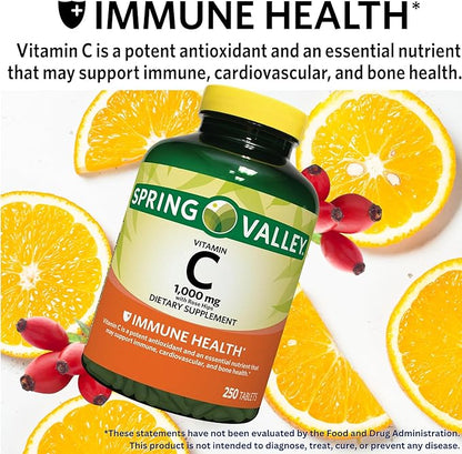 Spring Valley Vitamin C 1000mg with Rose HIPS Tablets Dietary Supplement, Antioxidant Protection, 250 Count (Pack of 1)