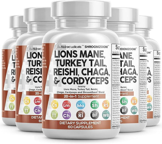 Clean Nutraceuticals Lions Mane 20in1 Mushroom Supplement with Turkey Tail Reishi Cordyceps Chaga Maitake Meshima Poria Cocos Shiitake Oyster Porcini Enoki (5)