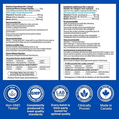 Hydrolyzed Marine Collagen Peptides Powder, Wild-Caught from Nova-Scotia, Supports Hair, Skin & Nails, Non-GMO, Free of Gluten, Soy & Dairy (303 g)