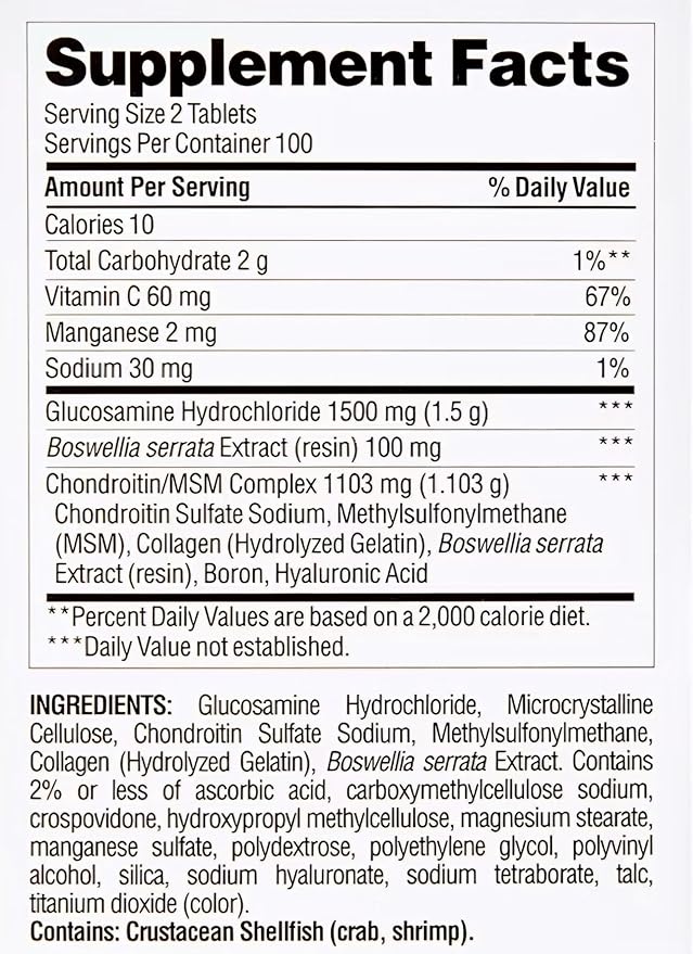 berkley jensen Triple Strength Glucosamine Chondroitin MSM Boswellia Complex 2703 mg, Joint Support Supplement for Women & Men, NSF Certified, 200 Tablets, 100 Day Supply
