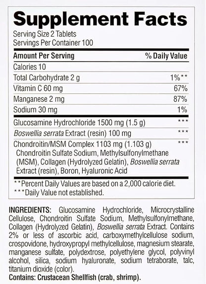 berkley jensen Triple Strength Glucosamine Chondroitin MSM Boswellia Complex 2703 mg, Joint Support Supplement for Women & Men, NSF Certified, 200 Tablets, 100 Day Supply