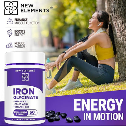 Iron Glycinate 50mg with Vitamin C, Folic Acid & B12 | Advanced Iron Supplement for Anemia Relief, Energy Boost & Immune Support | Gentle on Stomach, Fast Absorption | Natural Softgels for Women & Men