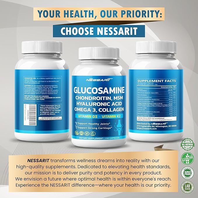Glucosamine Supplement- 15-in-1 Natural Blend with Chondroitin sulfate Hyaluronic Acid Methylsulfonylmethane Turmeric Ginger Vitamin C, D3-150 Count - Made & Tested in The USA