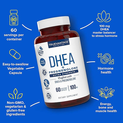DHEA 100mg Supplement with Pregnenolone 60mg -Supports Hormone Balance, Lean Muscle Mass, Energy, Mood, Sleep, and Healthy Aging in Men and Women- Vegetable Capsules