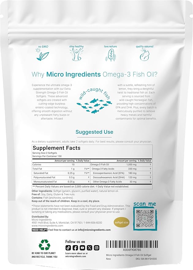 Micro Ingredients Extra Strength Omega 3 Fish Oil Supplements 1,000mg Per Serving, 300 Softgels | Lemon Flavored | Burpless | EPA 180mg + DHA 120mg | Deep Sea Fish