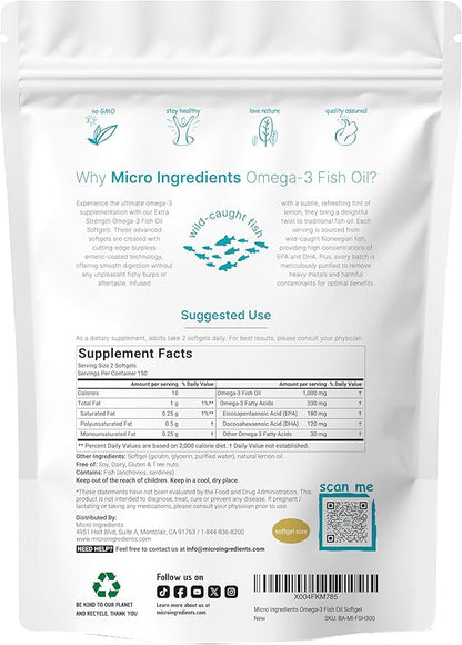 Micro Ingredients Extra Strength Omega 3 Fish Oil Supplements 1,000mg Per Serving, 300 Softgels | Lemon Flavored | Burpless | EPA 180mg + DHA 120mg | Deep Sea Fish