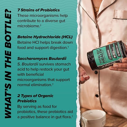 ONNIT Total Gut Health Daily Digestive Support, Complete Digestion Supplement for Women and Men with 7 Strains of Probiotics, Prebiotics, Enzymes and Betaine HCL, 120 Count