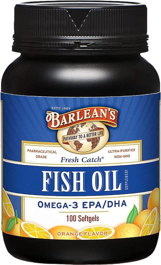 Barlean's Fish Oil Omega 3 Supplement, EPA and DHA Fatty Acid Softgels, 1000mg Orange Flavored Fish Oil Pills, 100 Count