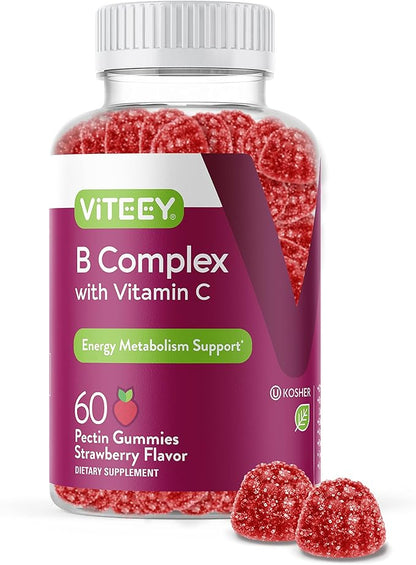 Viteey Vitamin B Complex for Adults with Vitamin C, B6, B12, Niacinamide, Folic Acid, Biotin, Calcium - Supports Energy & Metabolism - Vegan, Gluten Free, Gelatin Free - Chewable Strawberry Flavored