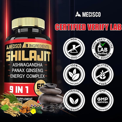 Shilajit Supplement with Ashwagandha Root, Panax Ginseng, L-Arginine, Chaga & More - Shilajit Pure Himalayan Organic - Immune System, Energy Production, Stamina & Comfortable Mood - 60 Capsules