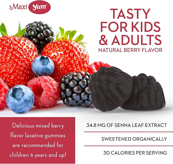 Maxi Health Laxative Gummies - Chewable Vegan Gummy Laxative for Adults & Kids Ages 6 and Up - All-Natural Laxative w/Senokot Extract & Mixed Natural Fruit Flavors (Berry, 60 Count, Pack of 2)