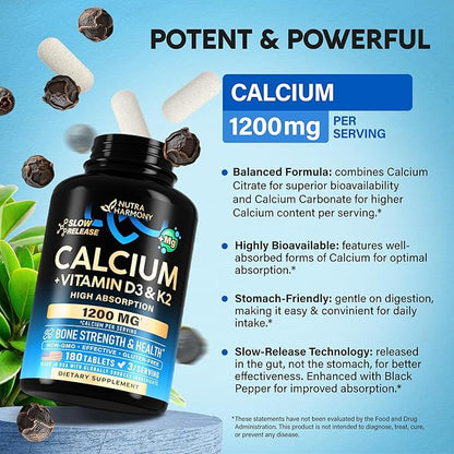 Calcium Supplement for Women - Calcium 1200 mg with Vitamin D3 & K2 - Bone Health, Strength & Density - High Absorption, Slow Release - Made in USA - Citrate & Carbonate Form - 180 Tablets for 2 Month