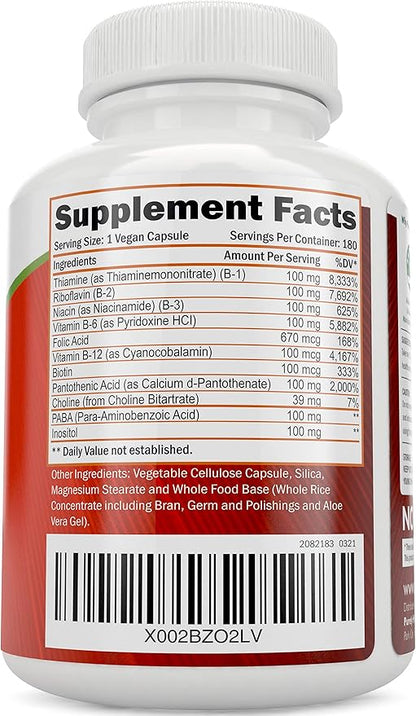 Vitamin B Complex - 8 Super B Complex Vitamins with Choline & Inositol, Vitamins B1, B2, B3, B5, B6, B8, B9 & B12 - B100 Complex - 180 Vegan Capsules - 6 Month Supply - Made in The USA
