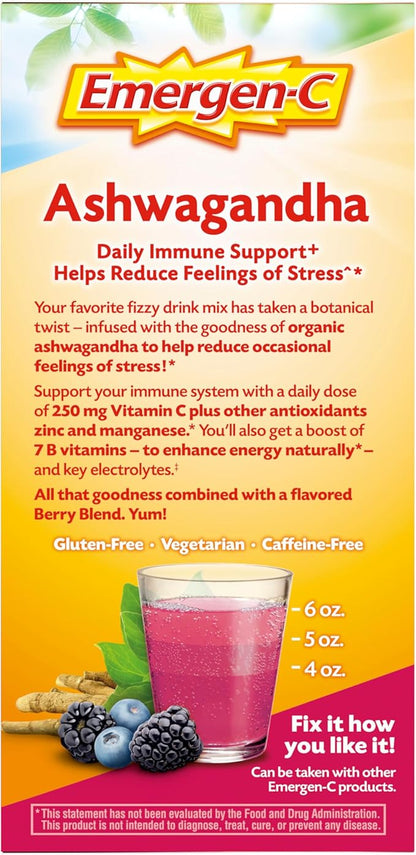Emergen-C Vitamin C Ashwagandha Drink Mix, Dietary Supplement for Immune Support, Berry Blend - 18 Count