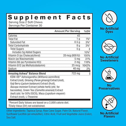 FORCE FACTOR Amazing Ashwa for Stress Relief, Memory, Focus, and Immune Support Health, Ashwaganda Supplement with KSM-66 Ashwagandha for Stress, 180 Soft Chews