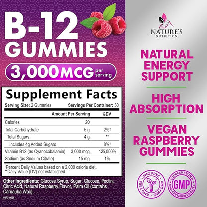 B12 Gummies for Adults, Extra Strength Energy 3000 mcg - B-12 Energy Metabolism & Immune System Support - Chewable Dietary Supplement for Adults & Kids Caffeine Free Gummy Vitamin - 60 Gummies