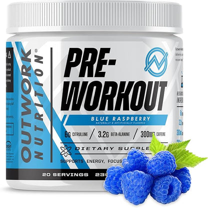 Outwork Nutrition Pre-Workout for Men & Women, Pre Workout Without Creatine, Nootropic Pre Workout Powder with Citrulline Malate, Beta Alanine, Taurine, Rhodiola & Caffeine (Blue Raspberry)