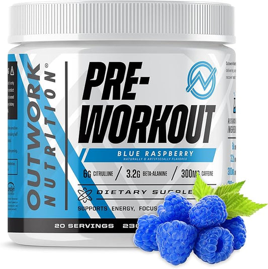 Outwork Nutrition Pre-Workout for Men & Women, Pre Workout Without Creatine, Nootropic Pre Workout Powder with Citrulline Malate, Beta Alanine, Taurine, Rhodiola & Caffeine (Blue Raspberry)