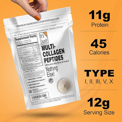 It's Just! - Multi Collagen Peptides, (20oz) Protein Powder, Type I, II, III, V, X w/Biotin, Hyaluronic Acid, Vitamin C - Easy Mixing, Non-GMO, Unflavored, 1.25lb