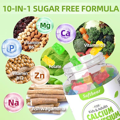 softbear Calcium Magnesium Zinc Gummies for Women, Calcium Magnesium Supplement Chewable Calcium 600 mg with Vitamin D3 for Bone Strength Vegan Mixed Fruit Flavor 120 Gummies