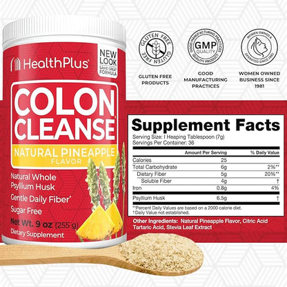 Health Plus Colon Cleanse Digestive Support | No Artificial Flavors | Daily Fiber for Toxin Elimination to Reduce Bloating | Psyllium Husk | Pineapple Flavor | 9 Ounces, 36 Servings