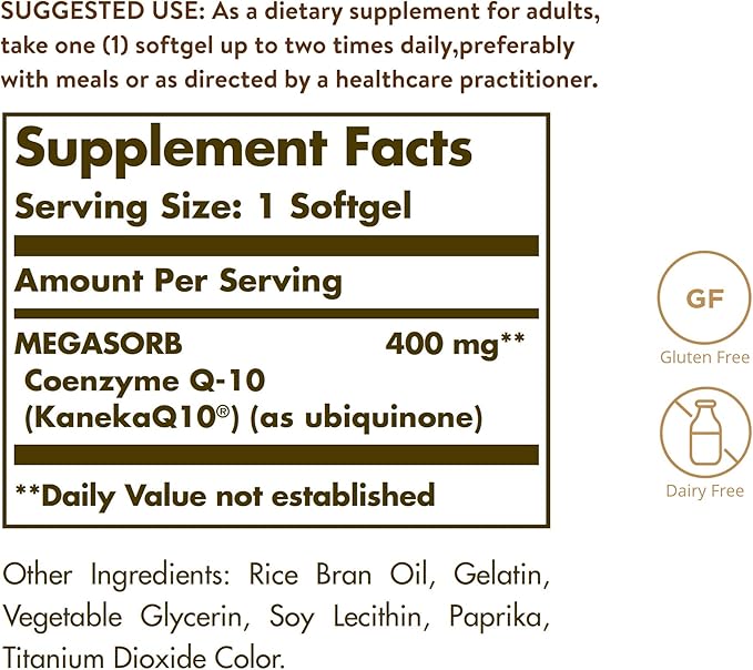 Solgar Megasorb CoQ-10 400 mg, 60 Softgels - Supports Heart & Brain Function - Coenzyme Q10 Supplement - Enhanced Absorption - Gluten Free, Dairy Free