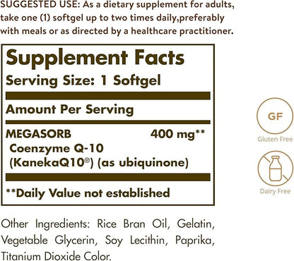 Solgar Megasorb CoQ-10 400 mg, 60 Softgels - Supports Heart & Brain Function - Coenzyme Q10 Supplement - Enhanced Absorption - Gluten Free, Dairy Free