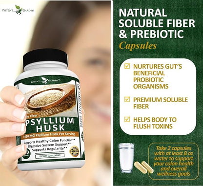 Potent Garden Psyllium Husk Capsules All Natural & Powerful Soluble Dietary Fiber Supplement Helps Support Regularity & Digestion, 240 Caps