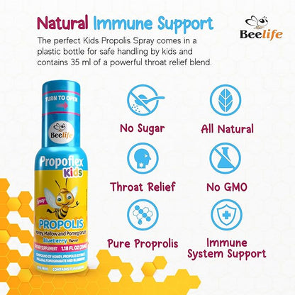 Beelife Bee Propolis Extract, Propolis Throat Spray for Kids – Propolis, Honey, Mallow, Pomegranate - Natural Immune Support & Sore Throat Relief, No Sugar - Blueberry Flavor - (35ml/ 1-Pack)