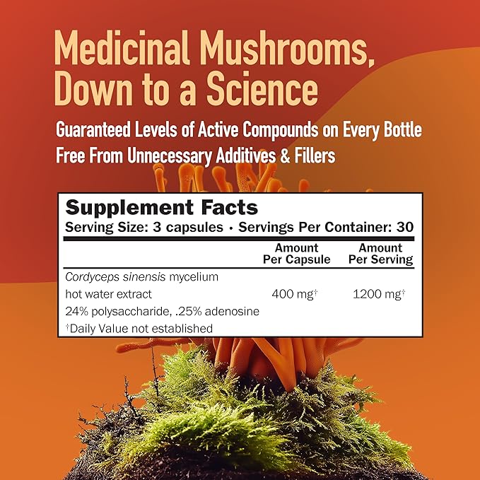 MushroomScience Cordyceps CS-4 Capsules, Full Spectrum Extract for Health, Energy & Endurance, Hot Water Extracted, Vegetarian, 400mg, 90 CT