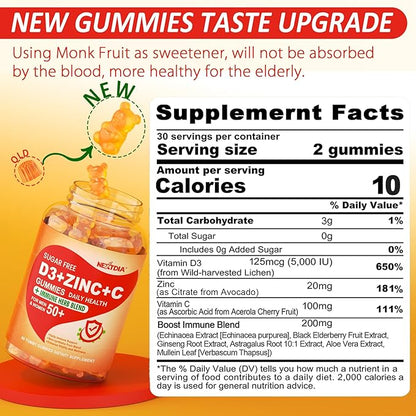 Sugar Free Vitamin C + D3 + Zinc Gummies for Adults 50 +, 9 in 1 Immune Defense Supplement with D3 5000IU, Elderberry, Echinacea, Mullein Leaf for Boost Immunity, Power Antioxidant, Vegan (Pack of 2)