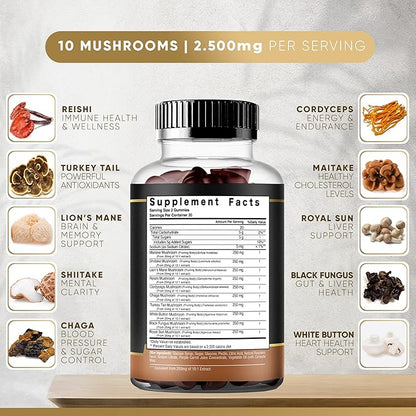Mushroom Gummies | 10 Mushroom Supplement | 2 pack | Turkey Tail, Chaga, Reishi, Cordyceps & Lions Mane Organic Mushroom Extracts, Nootropic Brain Booster for Focus, Memory, Clarity, Energy | 120ct