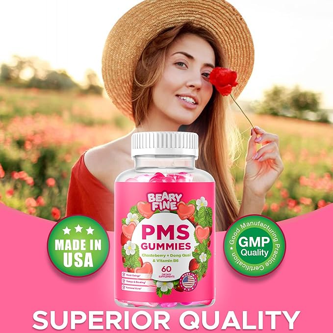 PMS Gummies - PMS Vitamins for Women & Teens - PMS Period Relief - Cramping, Bloating, Mood Swings - Made in The USA (Strawberry, 60 Count)