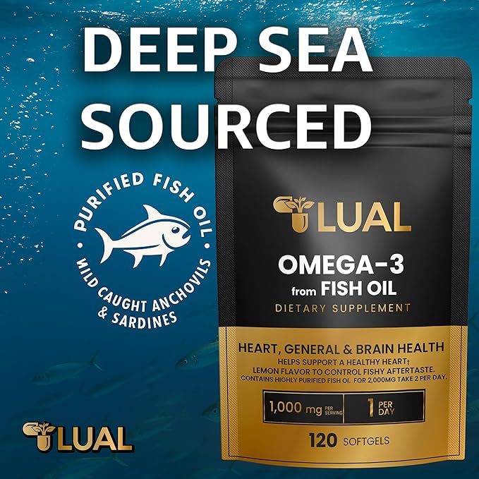 LUAL Omega-3 Fish Oil Softgels – 1000mg with EPA and DHA, Lemon Flavor, Burpless, Non-GMO Formula for Heart, Brain, and Overall Wellness – 120 Count
