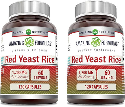 Amazing Formulas Red Yeast Rice 1200mg Per Serving Capsules Supplement | Non-GMO | Gluten Free | Made in USA (120 Count | 2 Pack)