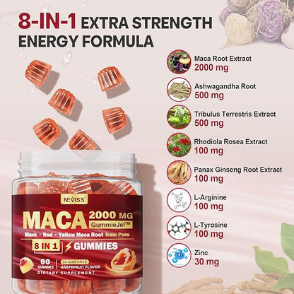 Maca Root Filled Gummies for Women Men | Sugar Free | Made in USA | Organic Black, Red, Yellow Maca Root Supplement Gummy 2000mg with Ashwagandha Ginseng | Vegan, Non-GMO, Grapefruit Flavor, 60 Count