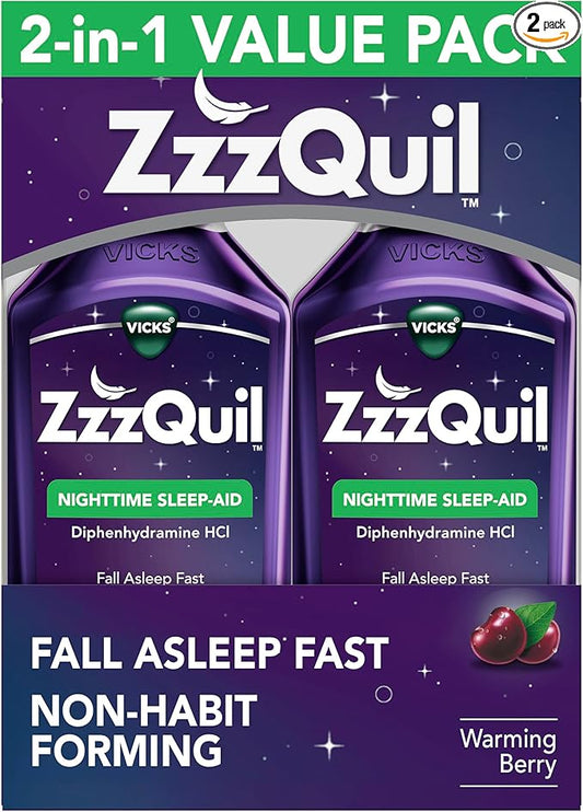ZzzQuil, Sleep Aid, Nighttime Sleep Aid Liquid, 50 mg Diphenhydramine HCl, Fall Asleep Fast, Non-Habit Forming, Warming Berry Flavor, 12 FL OZ (Pack of 2)