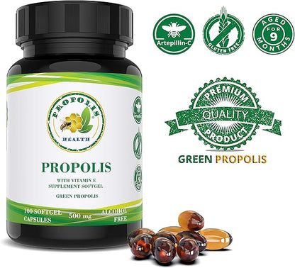 Propolis Health Propolis Capsules 1000mg-Daily with Vitamin E Per 2 Capsules - Brazilian Green Propolis Extract - Immune Booster 50 Days Supply Propolis Capsules (100 Capsules)