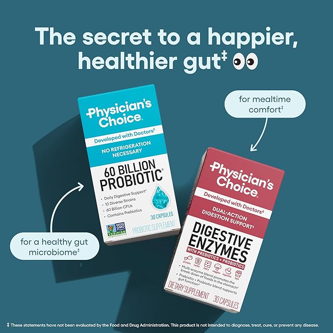 Physician's CHOICE Probiotics 60 Billion CFU - 10 Strains + Organic Prebiotics - Immune, Digestive & Gut Health - Supports Occasional Constipation, Diarrhea, Gas & Bloating - for Women & Men - 60ct