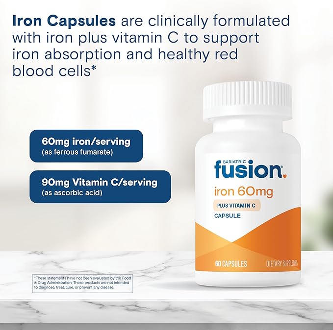 Bariatric Fusion Iron Supplement 60mg with Vitamin C | Easy to Swallow Capsule | Ferrous Fumarate Vitamins for Women and Men | Gluten, Dairy and Soy Free | Non-GMO | 60 Count