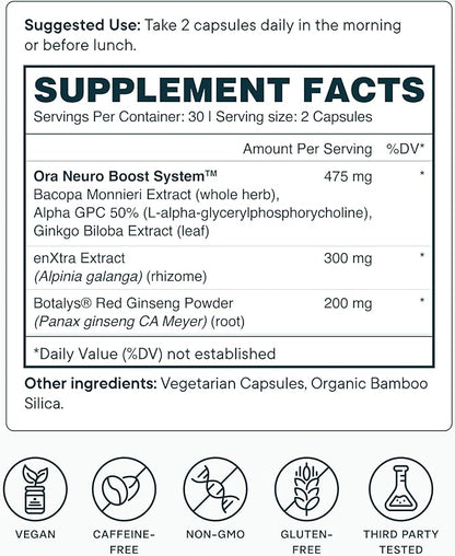 Ora Organic - Brain Health Supplement for Focus, Mental Energy + Memory - Panax Red Ginseng, Bacopa Monnieri, Alpha GPC, & EnXtra - Third-party Tested & Caffeine-free - 60 Capsules