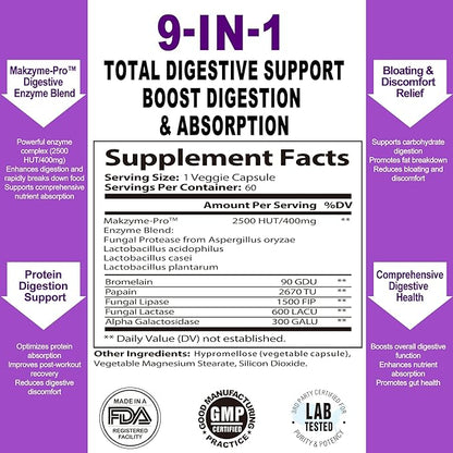 Digestive Enzymes for Women – Vegan Pro Blend with Makzyme-Pro™ & Probiotics – Gut & Bloating Support, 60 Capsules